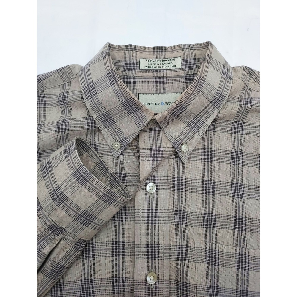 Cutter & Buck Mens Large Long Sleeve Plaid Button Down Shirt Tan Brown Cotton